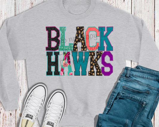 Black Hawks faux appliqué words-DTF