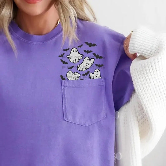 Ghost and bat faux embroidery pocket-DTF&UV