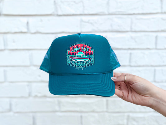 Lake Life Blue Boat Faux Hat Patch - DTF