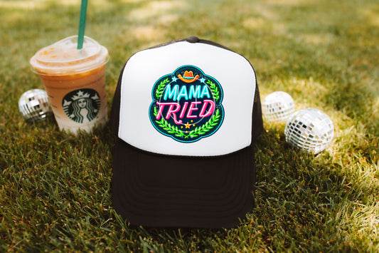 Mama Tried Bright Cowgirl Hat Circle Faux Hat Patch - DTF