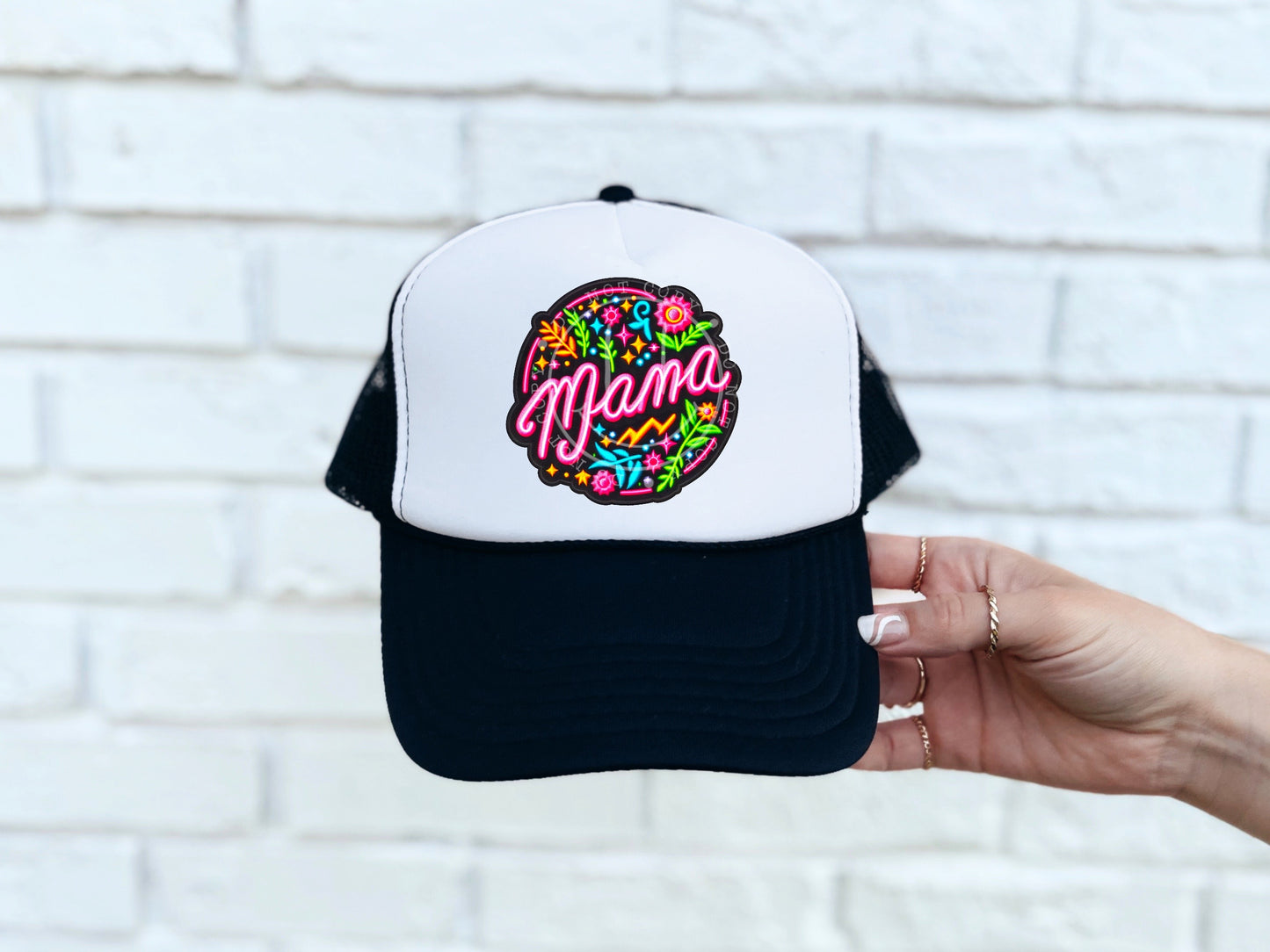 Mama Neon Floral Circle Faux Hat Patch - DTF