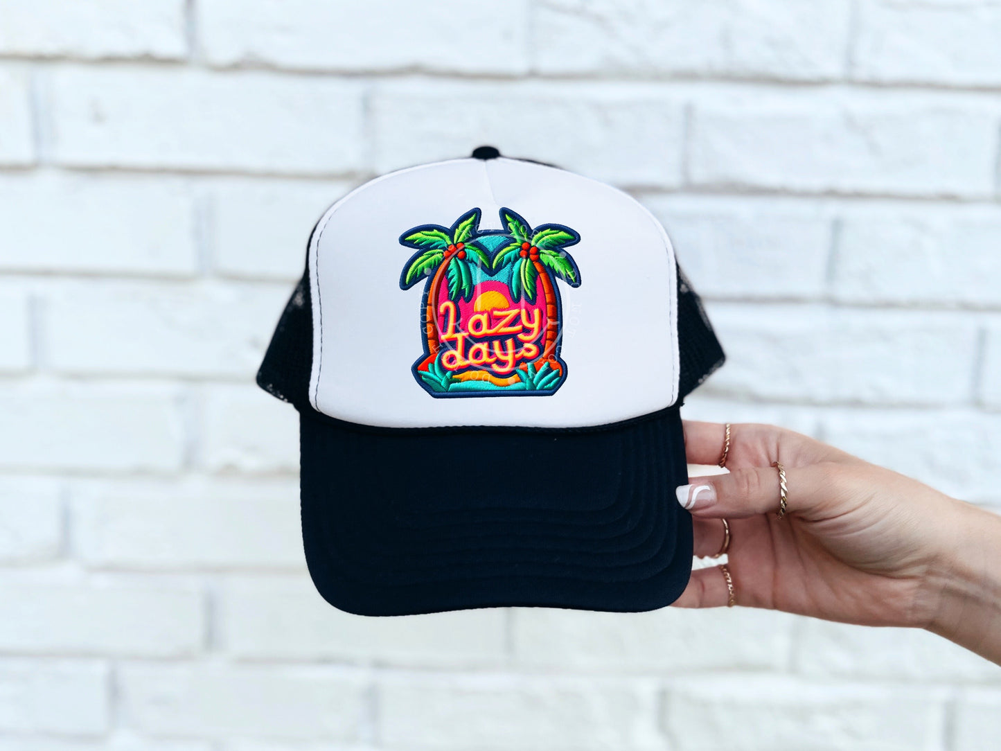 Lazy Days Neon Palm Trees Faux Hat Patch - DTF