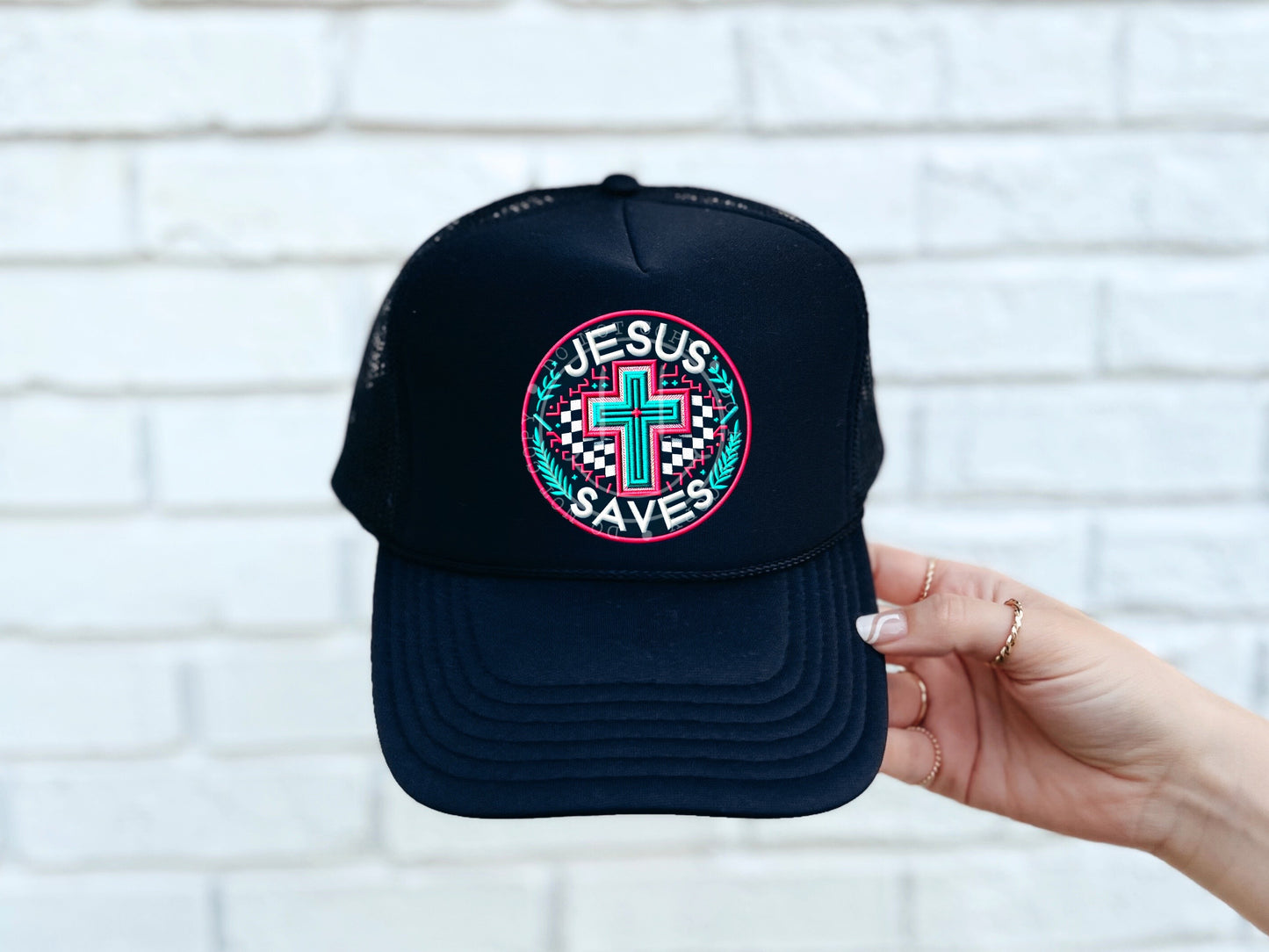 Jesus Saves Cross Checkered Faux Hat Patch - DTF