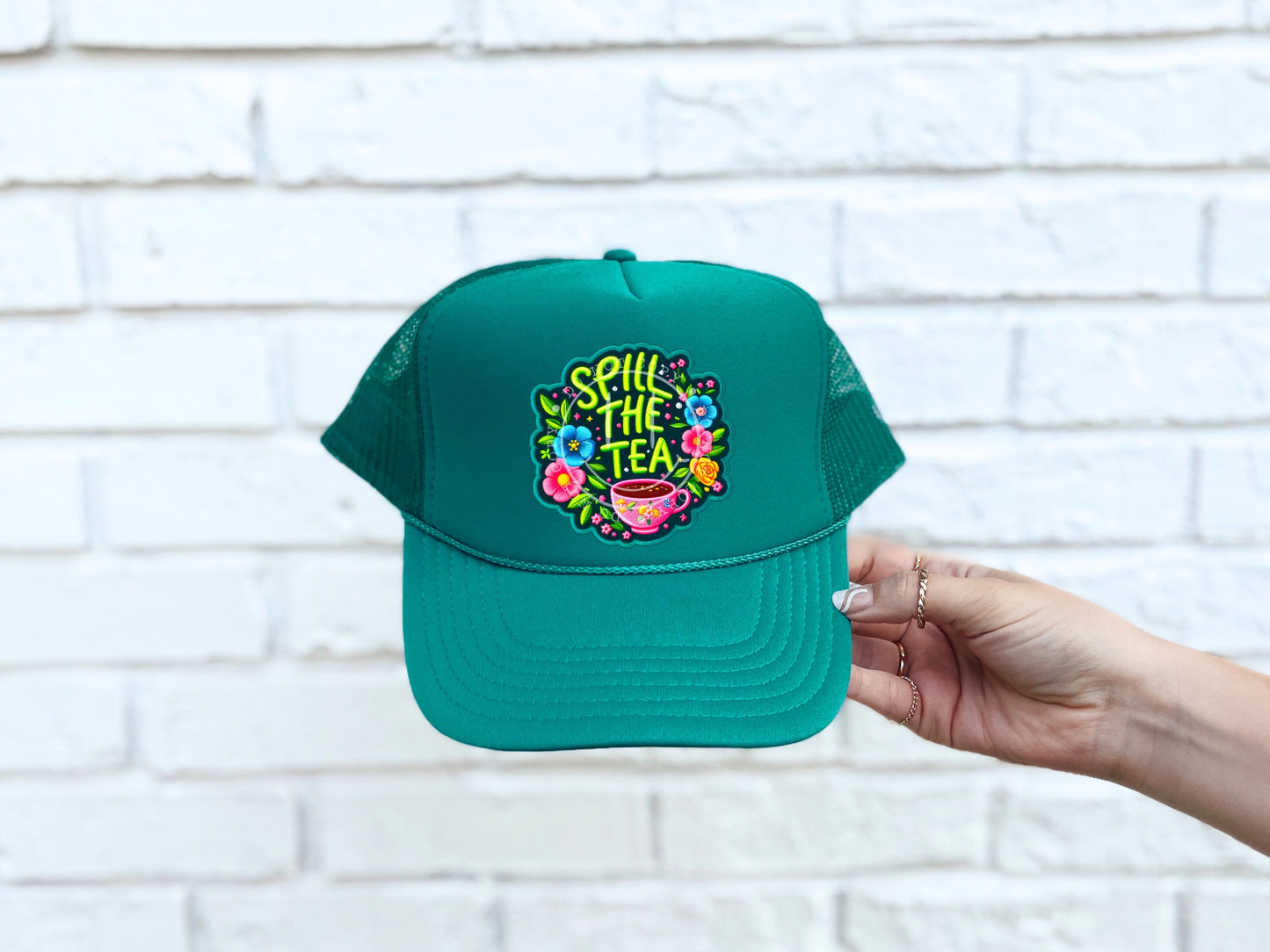 Spill The Tea Neon Faux Hat Patch - DTF