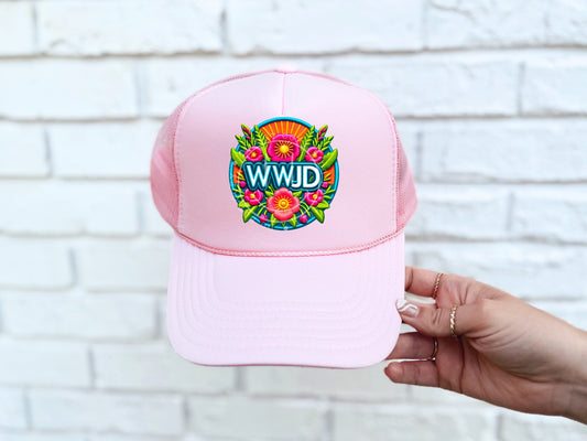 WWJD Neon Floral Circle Faux Hat Patch - DTF