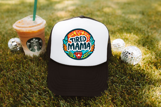 Tired Mama Mug Circle Faux Hat Patch - DTF