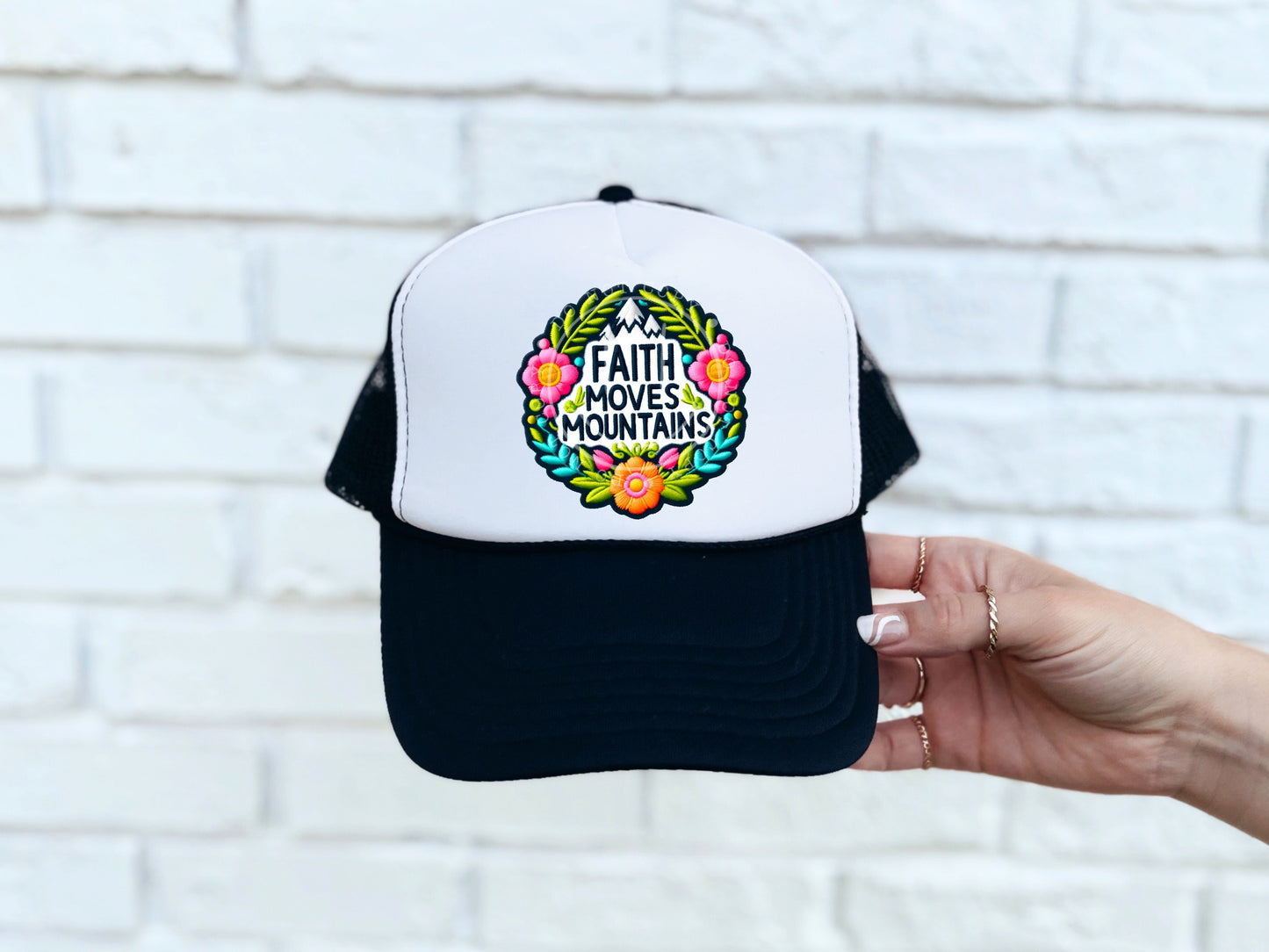 Faith Moves Mountains Flowers Faux Hat Patch - DTF