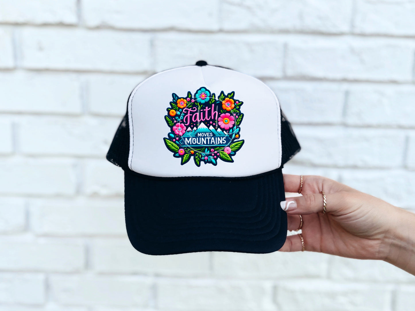 Faith Moves Mountains Floral Bright Faux Hat Patch - DTF