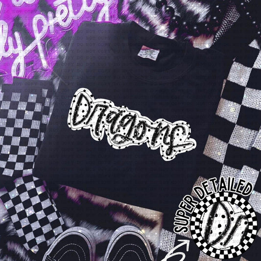 Dragons Black And White Polka Dot Faux Stitch - DTF