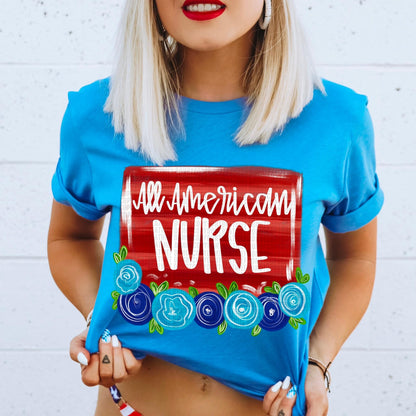 All American Title Blue Floral DROPDOWN - DTF