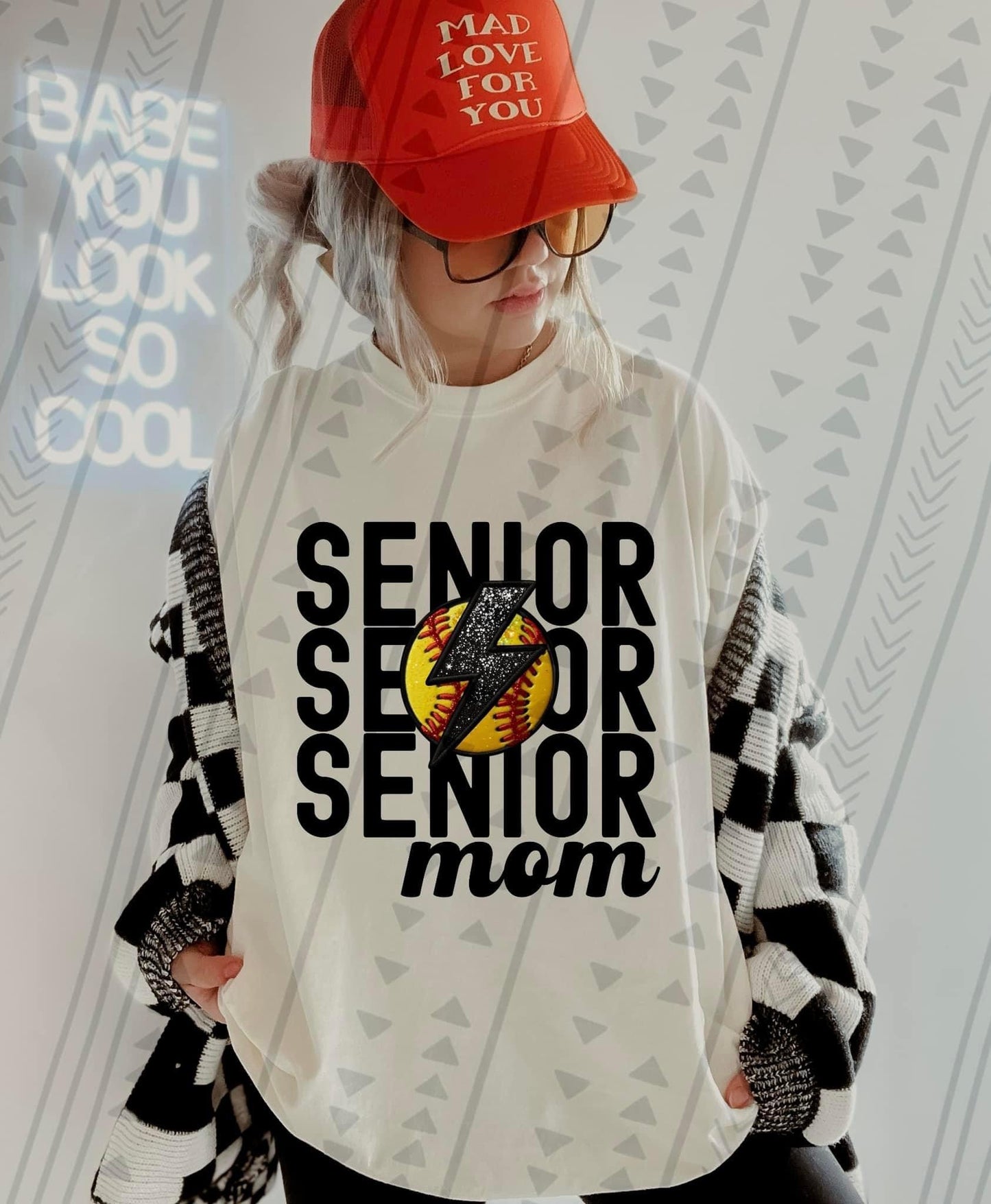 Senior Mom Stacked Softball Faux Embroidery - DTF