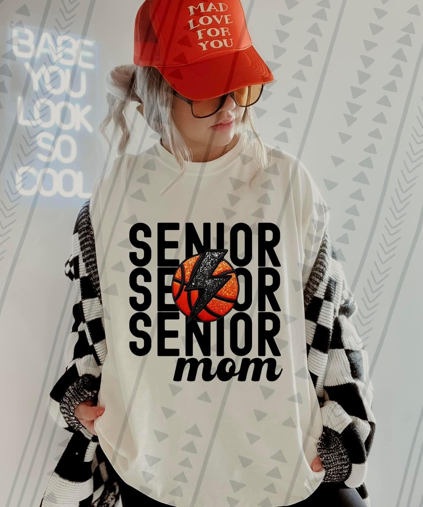 Senior Mom Stacked Basketball Faux Embroidery - DTF