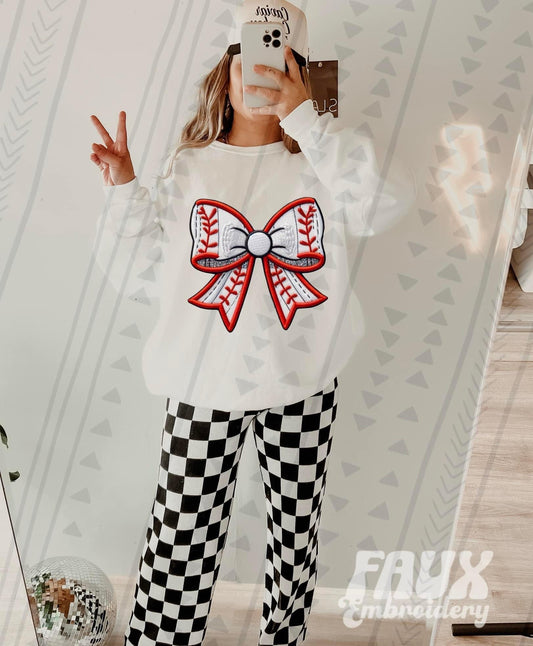 Baseball Coquette Bow Faux Embroidery Sequin - DTF