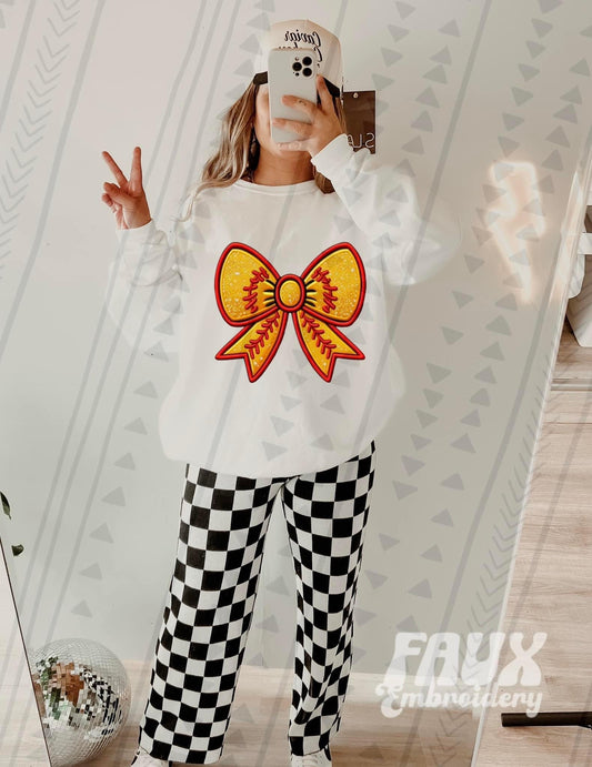 Softball Coquette Bow Faux Embroidery Sequin - DTF