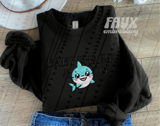 Baby Shark And Co Faux Embroidery Blk - DTF