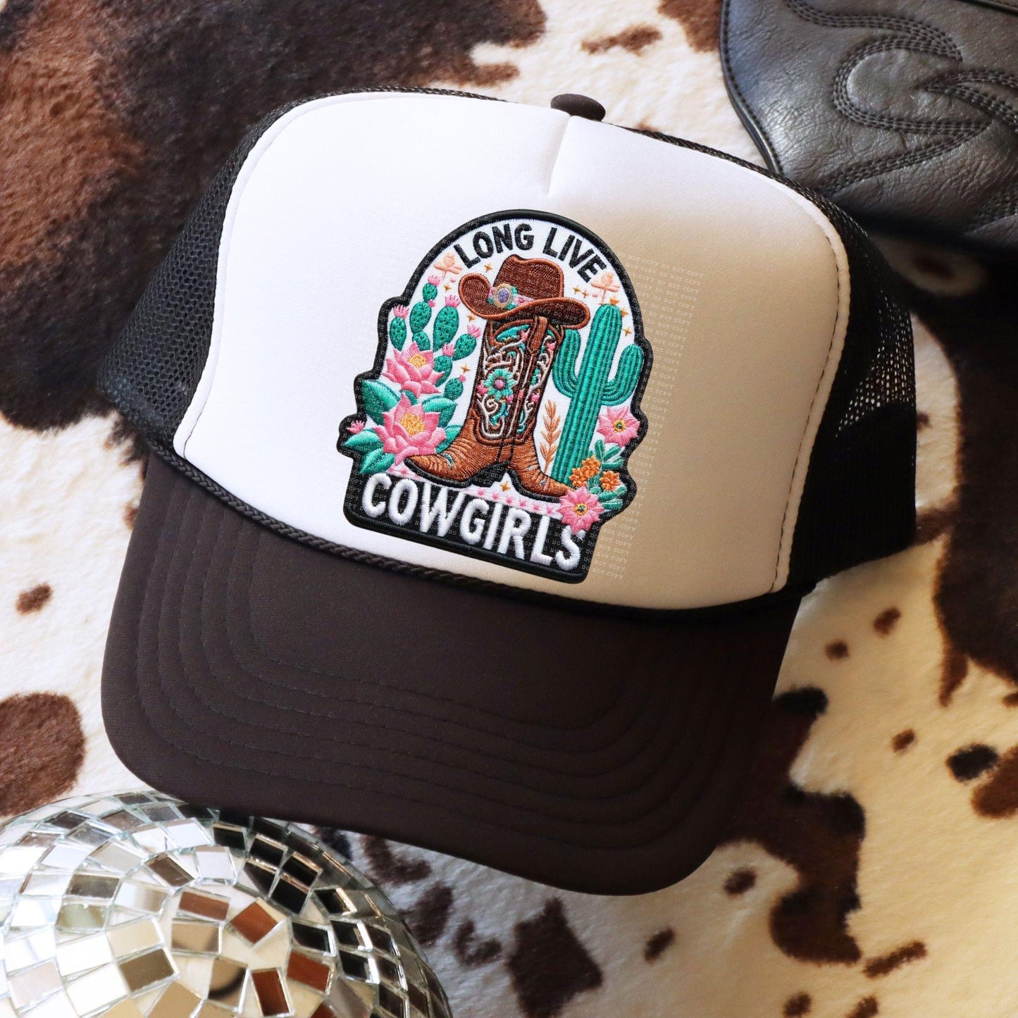 Long Live Cowgirl Boots & Cactus Faux Hat Patch - DTF