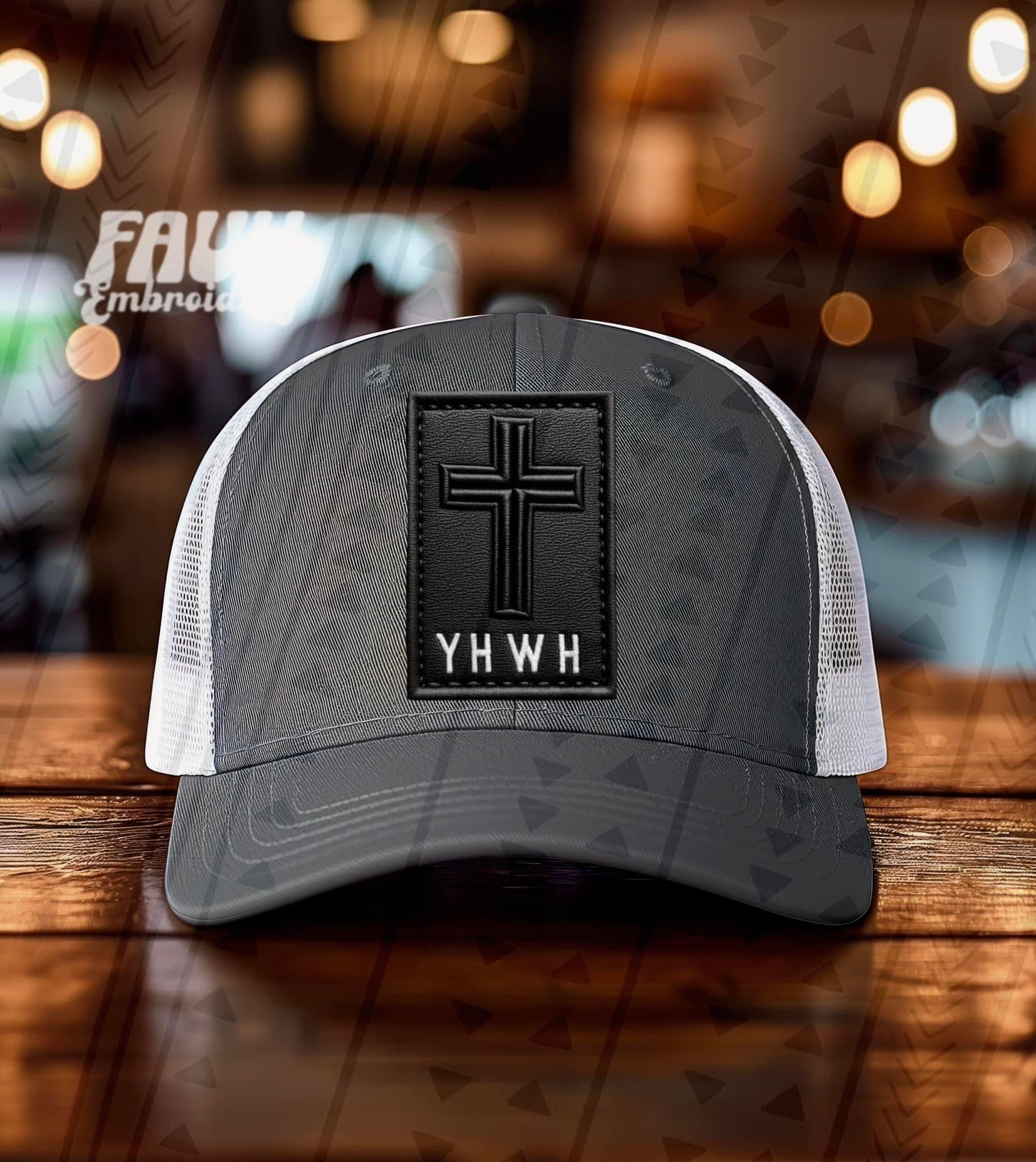 YHWH Cross Blk/Wht Faux Hat Patch - DTF