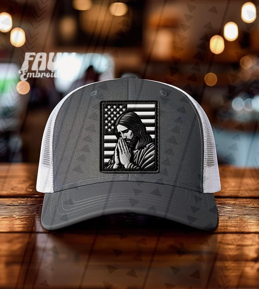 Jesus Praying Flag Blk/Wht Faux Hat Patch - DTF