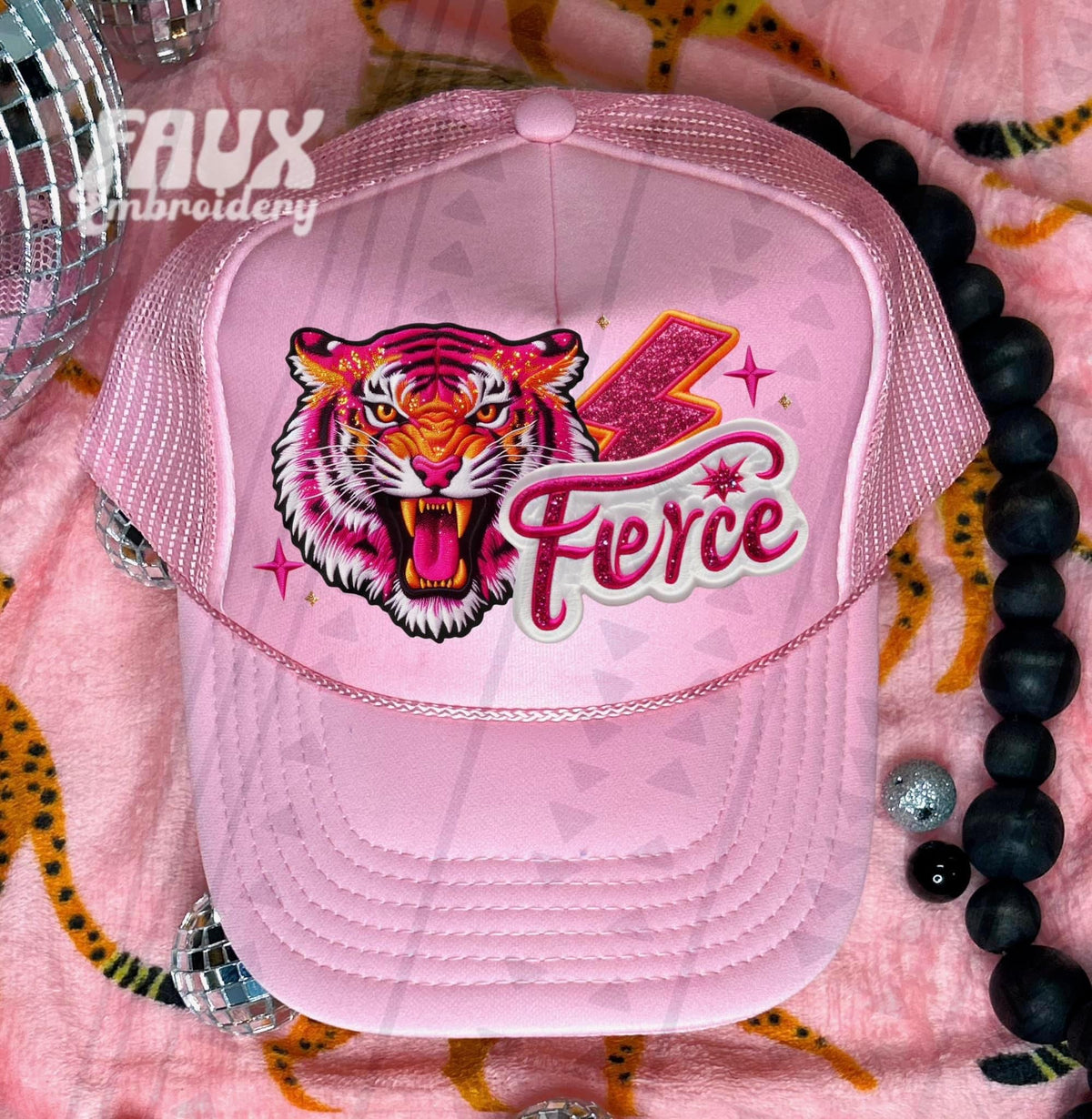 Fierce Tiger pink Faux Hat Patch - DTF