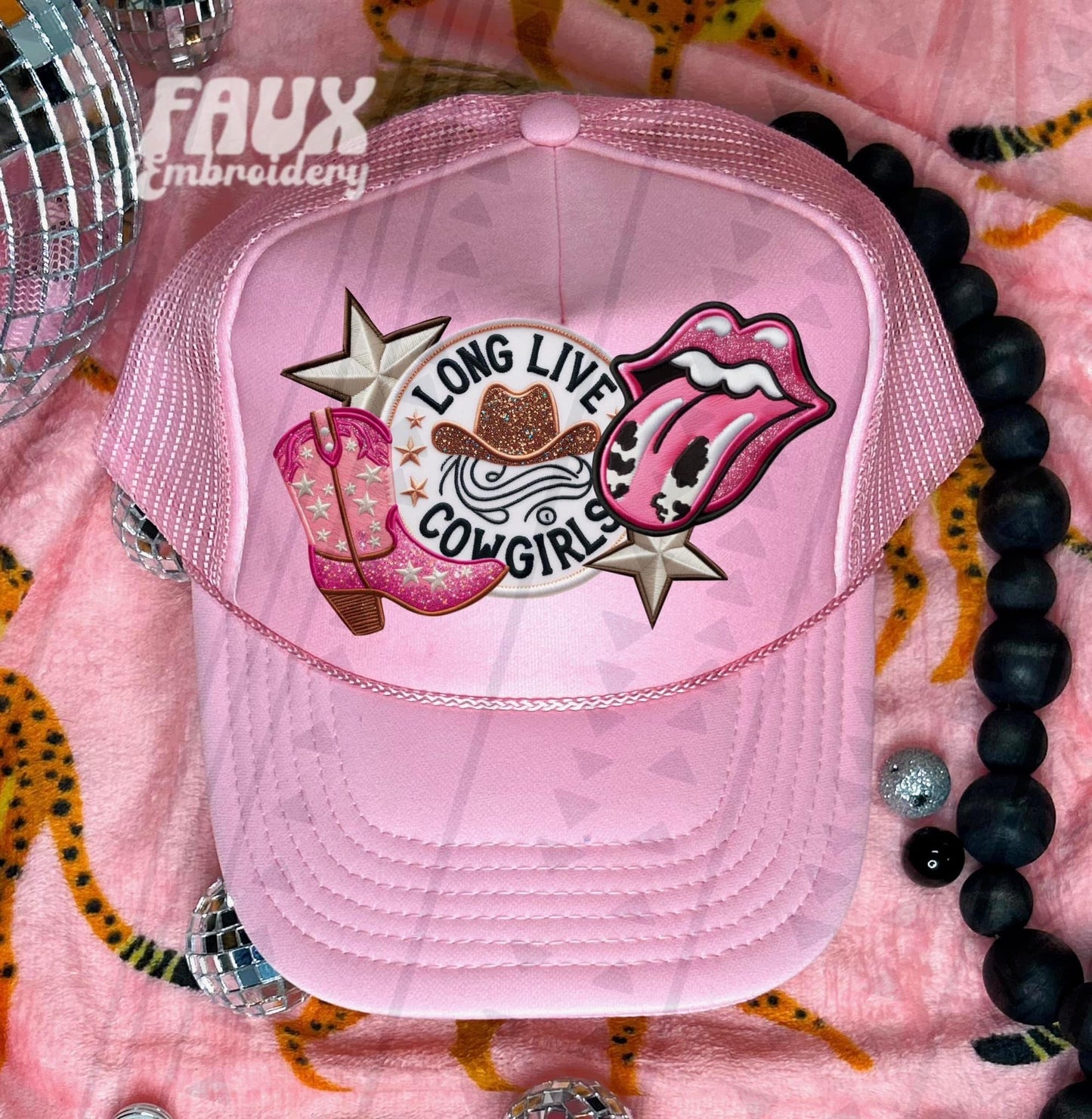 Long Live Cowgirls Pink boot Tongue Faux Hat Patch - DTF