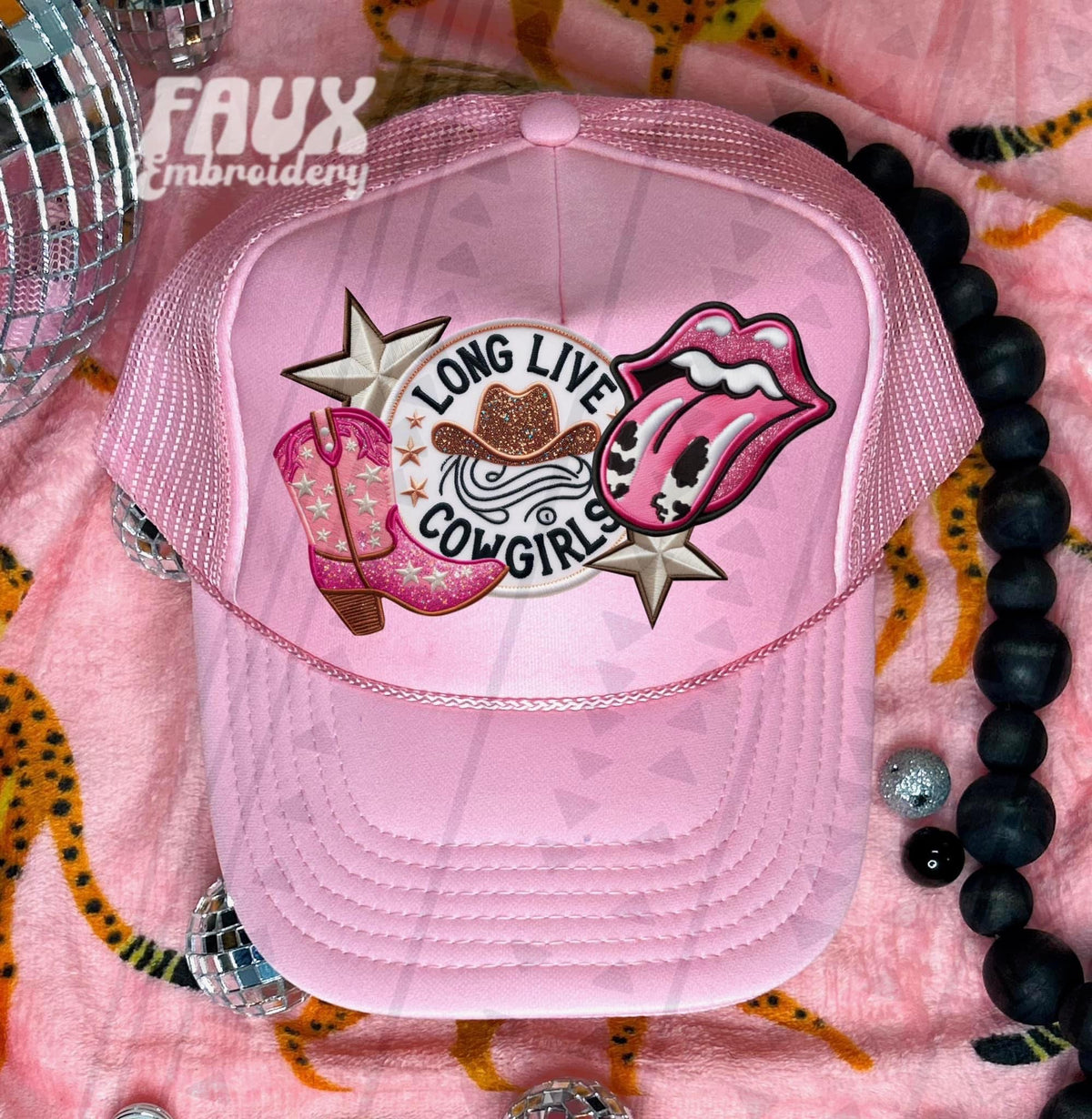 Long Live Cowgirls Pink boot Tongue Faux Hat Patch - DTF