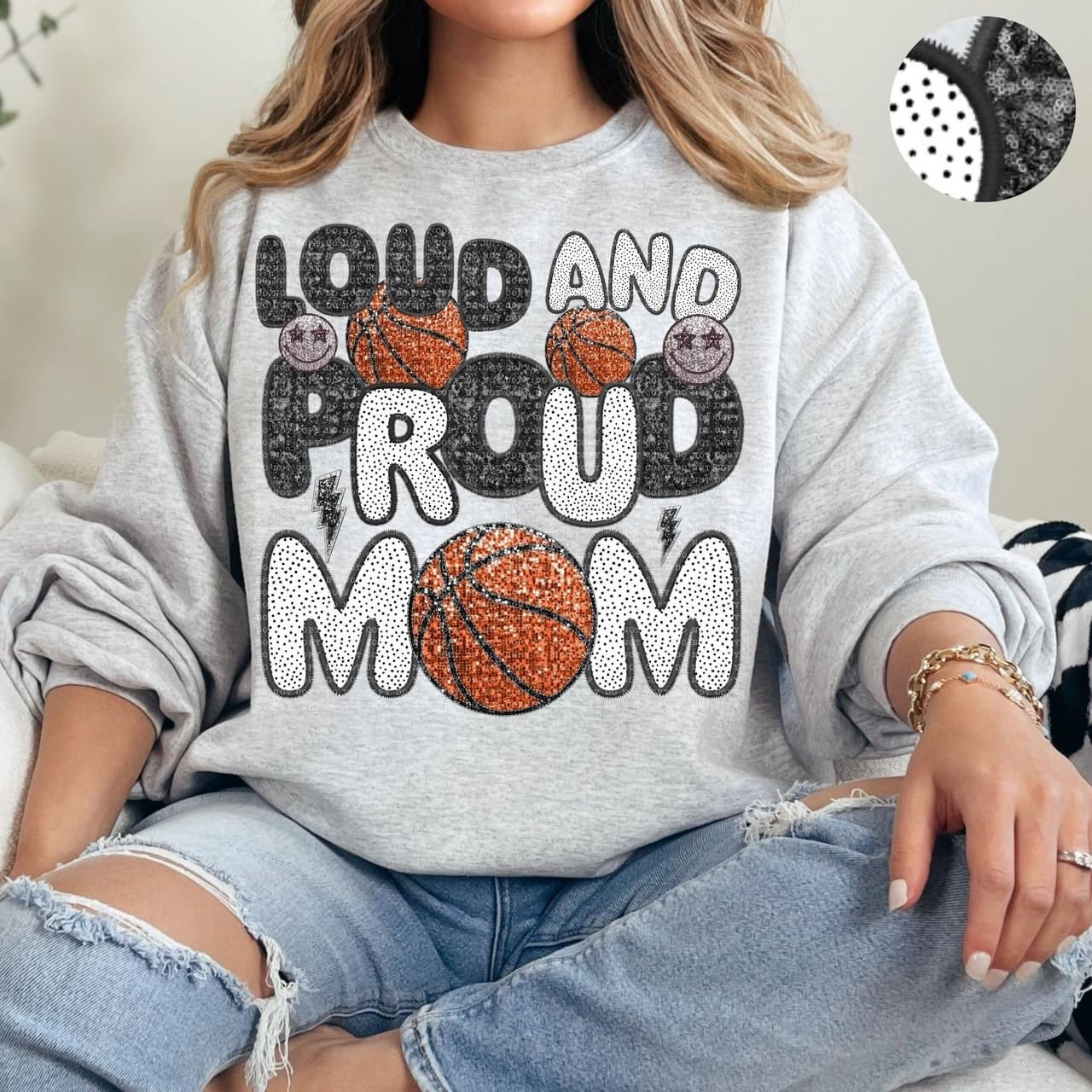 Loud And Proud Basketball Mom Faux Embroidery Sequin Polka Dot -DTF