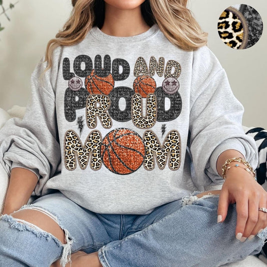 Loud And Proud Basketball Mom Faux Embroidery Sequin Leopard -DTF