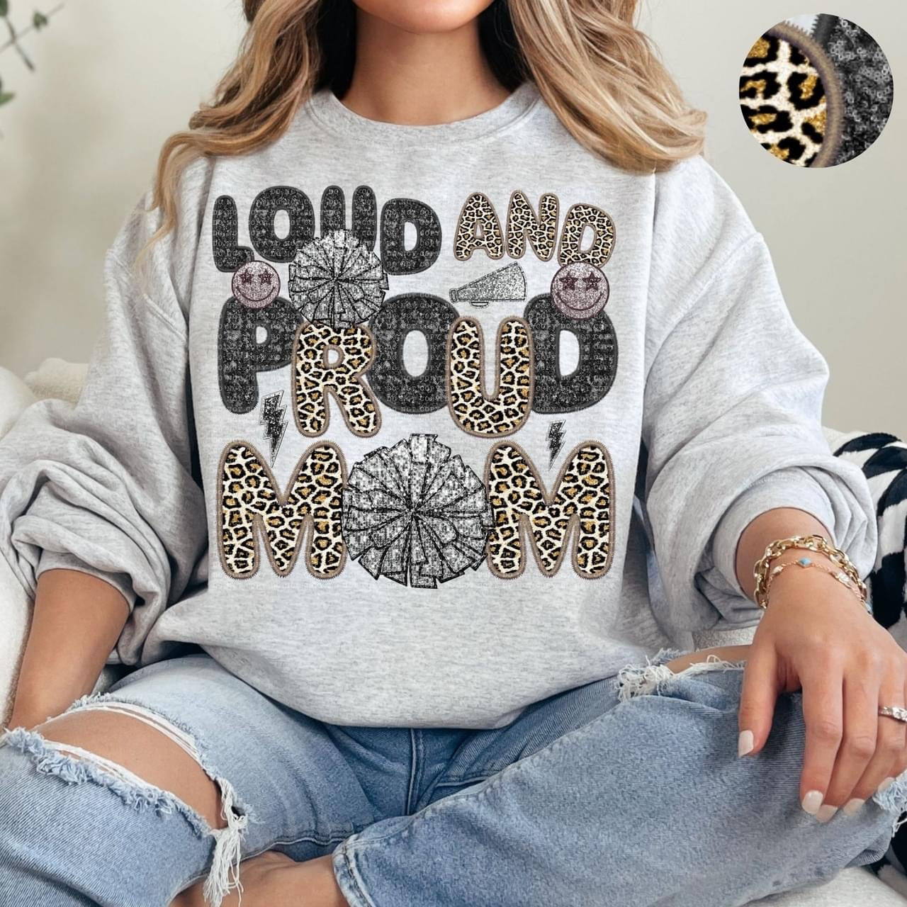 Loud And Proud Cheer Mom Faux Embroidery Sequin Leopard -DTF