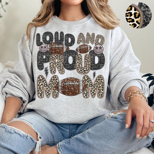 Loud And Proud Football Mom Faux Embroidery Sequin Leopard -DTF