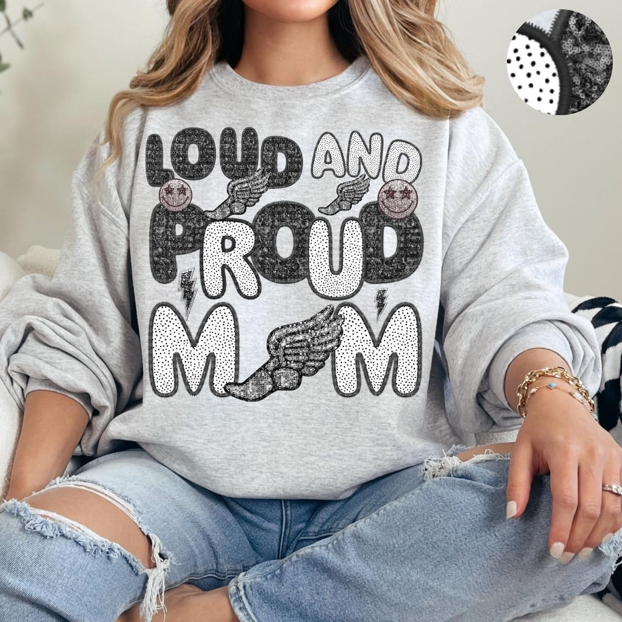 Loud And Proud Track Mom Faux Embroidery Sequin Polka Dot -DTF