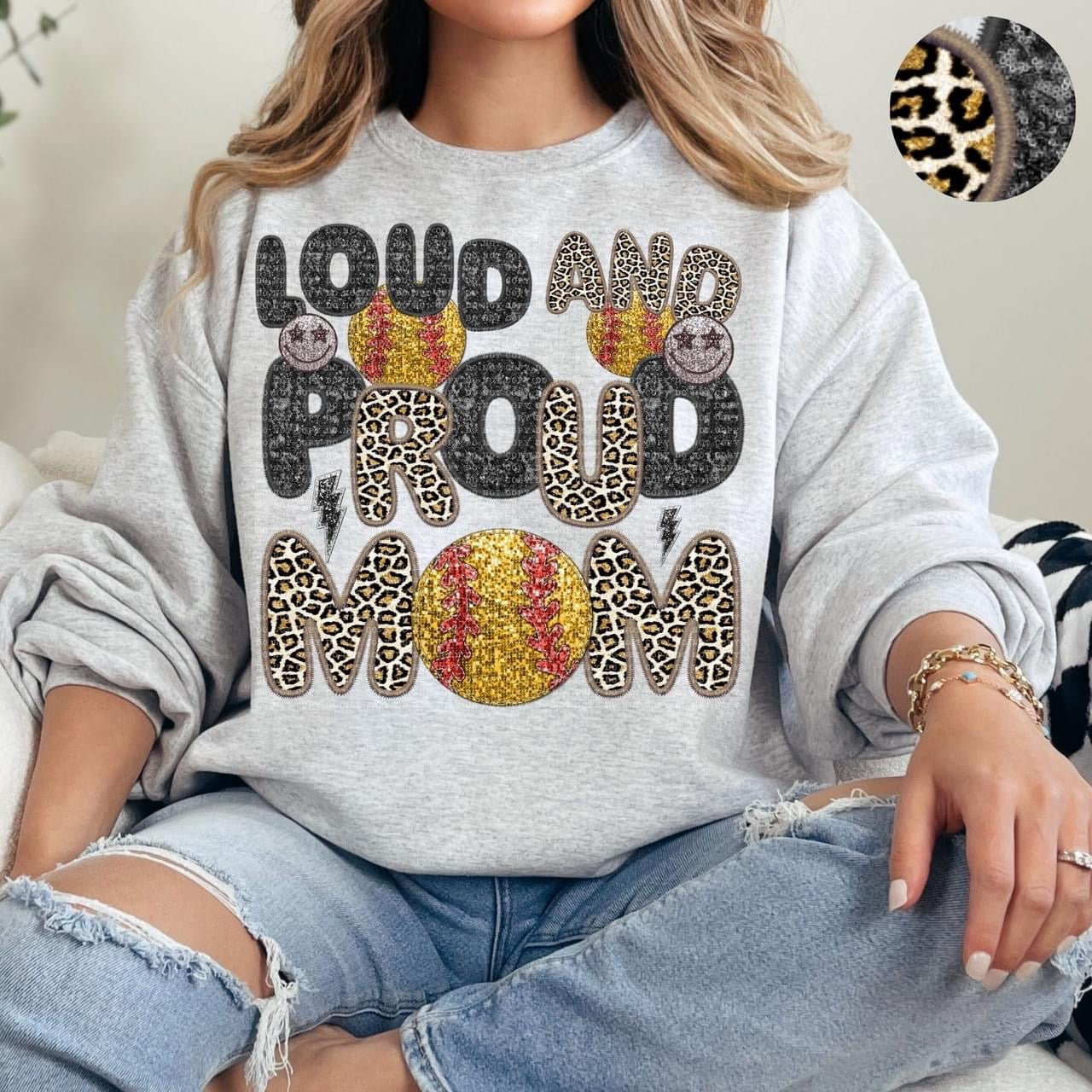 Loud And Proud Softball Mom Faux Embroidery Sequin Leopard -DTF