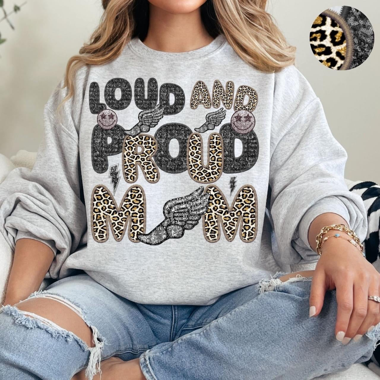 Loud And Proud Track Mom Faux Embroidery Sequin Leopard -DTF