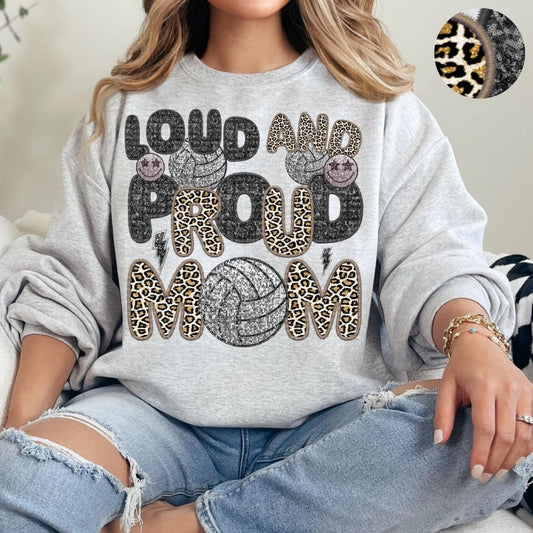 Loud And Proud Volleyball Mom Faux Embroidery Sequin Leopard -DTF