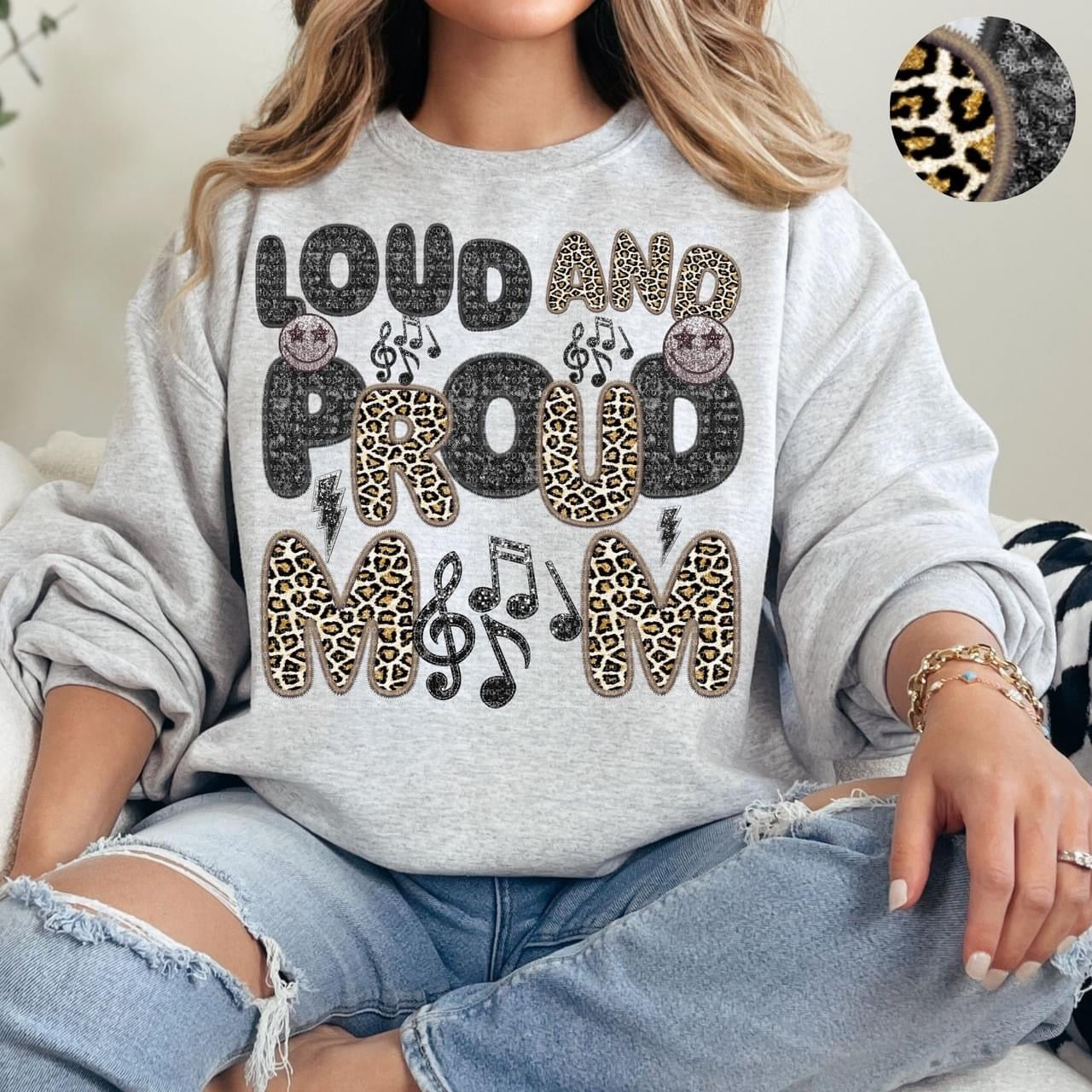 Loud And Proud Band Mom Faux Embroidery Sequin Leopard -DTF