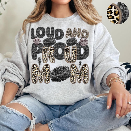 Loud And Proud Hockey Mom Faux Embroidery Sequin Leopard -DTF