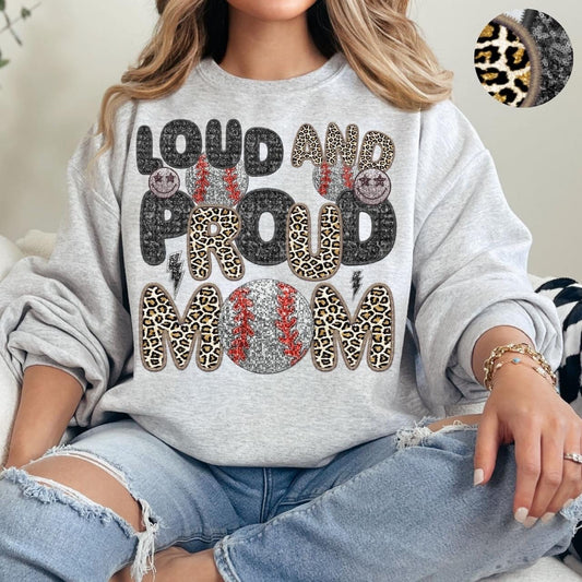 Loud And Proud Baseball Mom Faux Embroidery Sequin Leopard -DTF