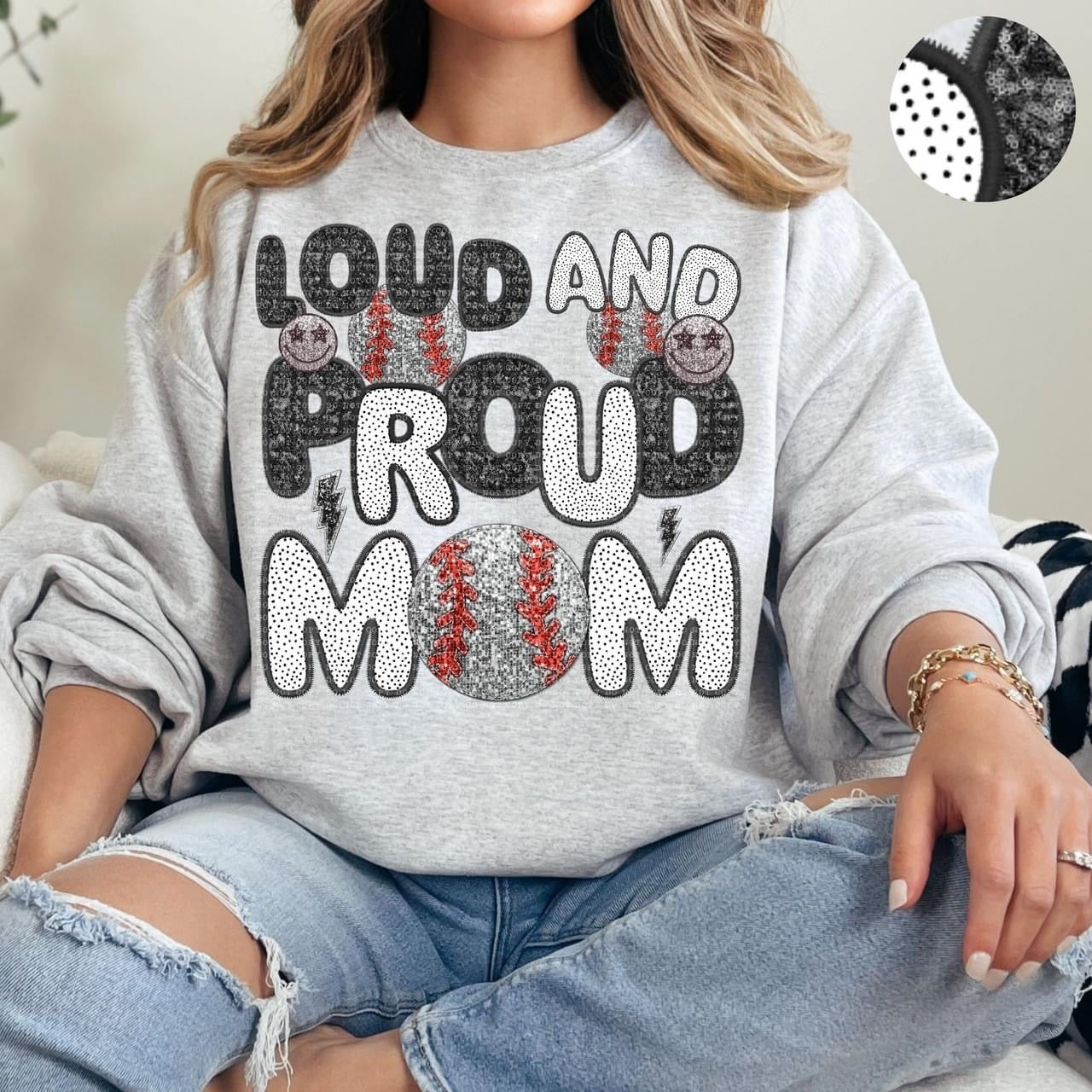 Loud And Proud Baseball Mom Faux Embroidery Sequin Polka Dot -DTF