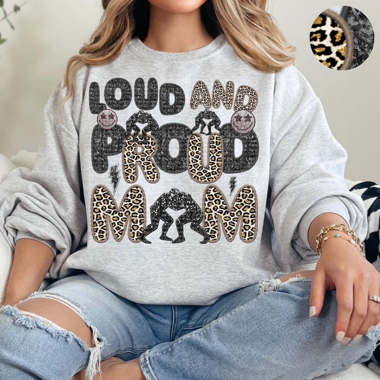 Loud And Proud Wrestling Mom Faux Embroidery Sequin Leopard -DTF