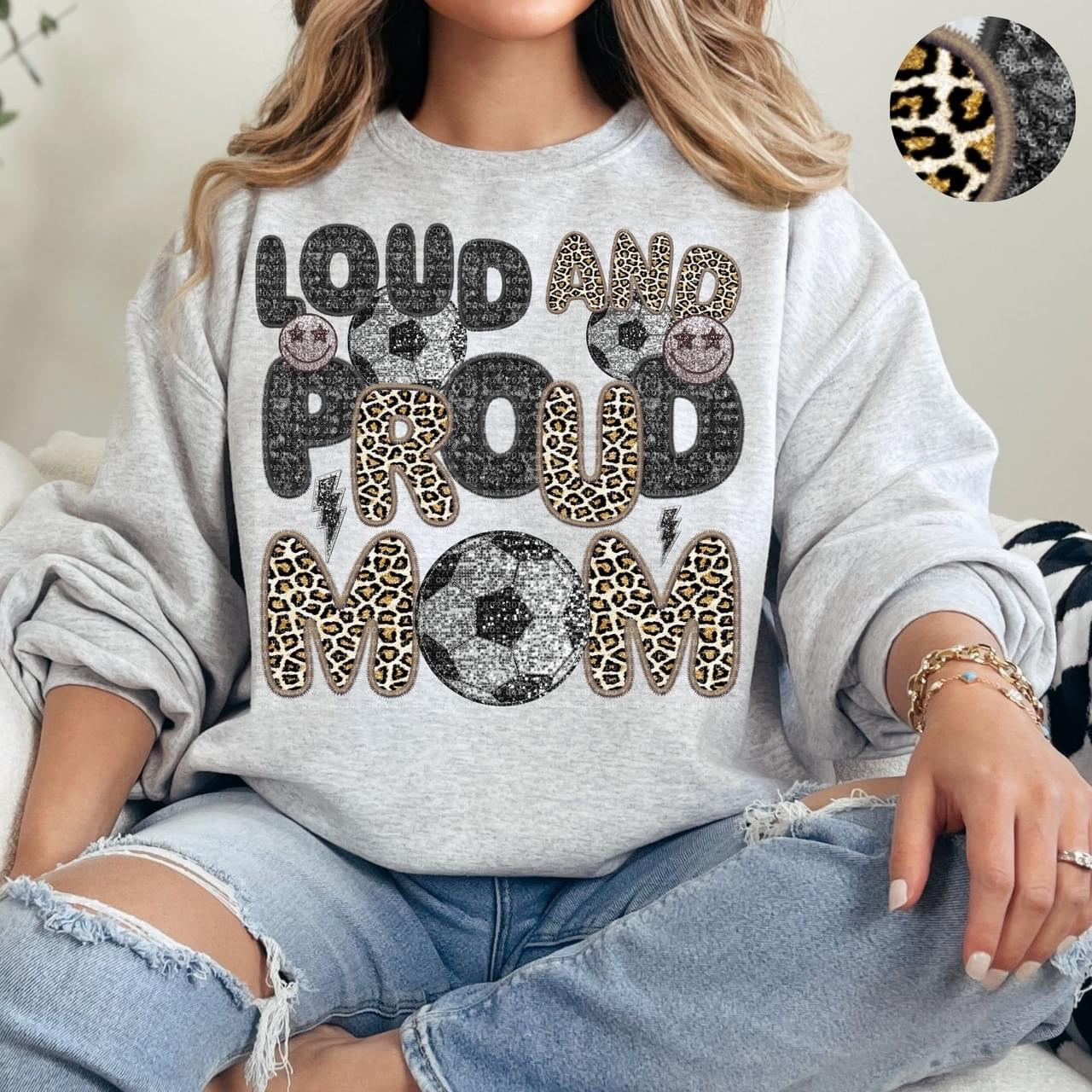 Loud And Proud Soccer Mom Faux Embroidery Sequin Leopard -DTF