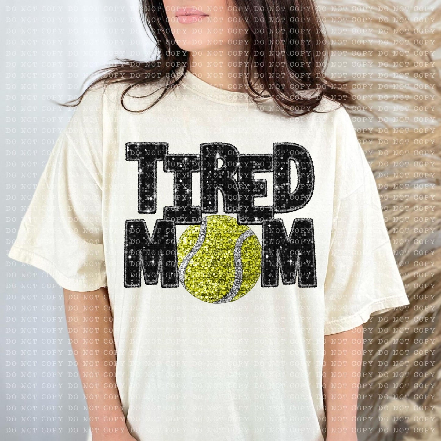 Tired Mom Tennis Faux Embroidery Sequin Blk -DTF