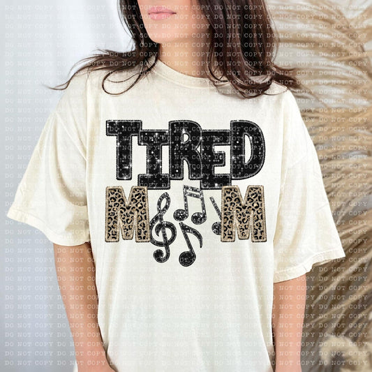 Tired Mom Band Faux Embroidery Sequin Leopard -DTF