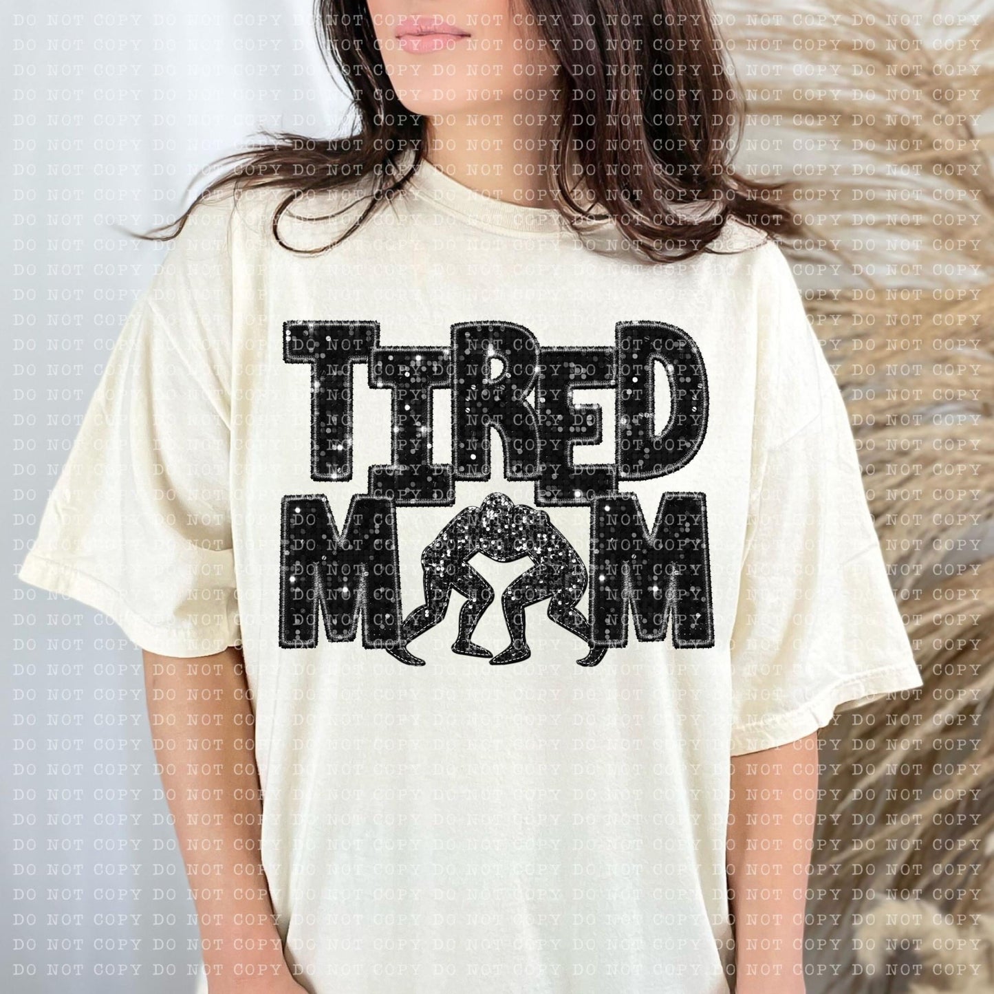 Tired Mom Wrestling Faux Embroidery Sequin Blk -DTF