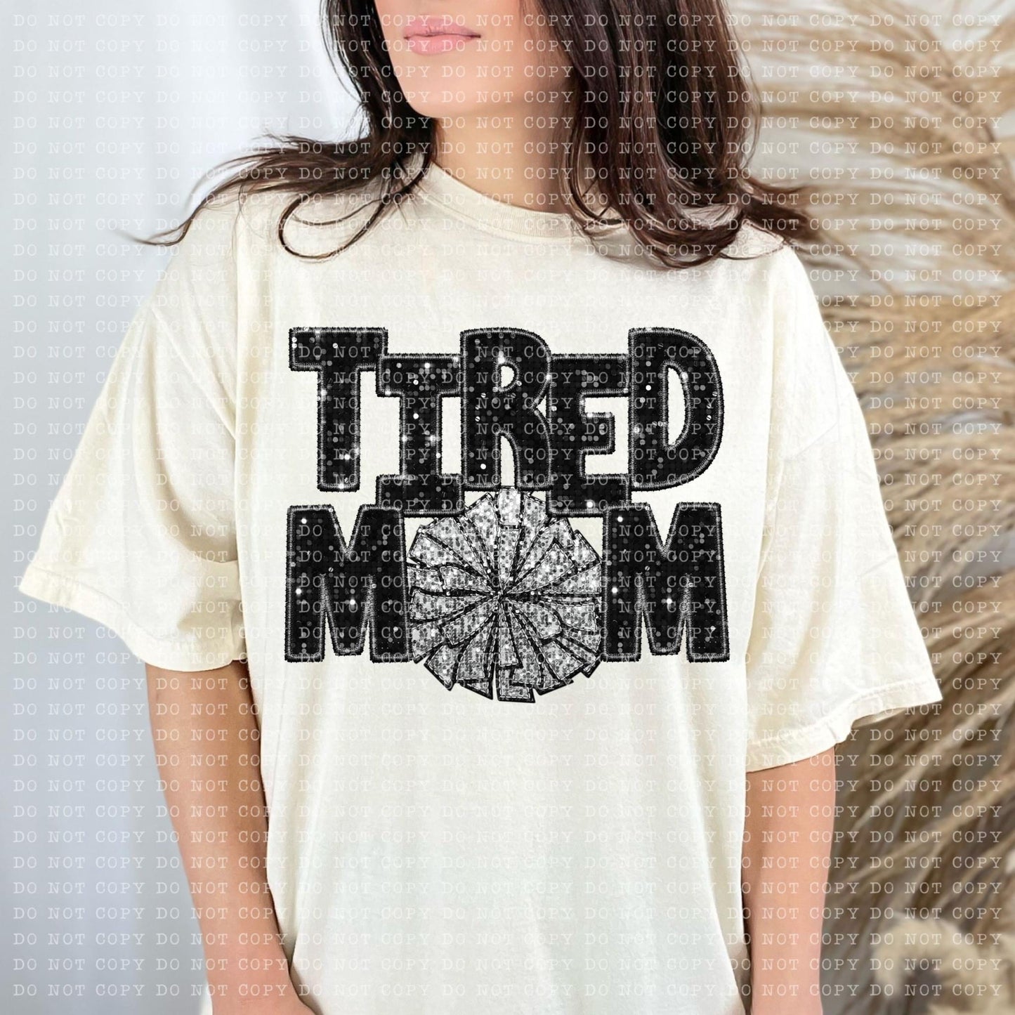 Tired Mom Cheer Faux Embroidery Sequin Blk -DTF