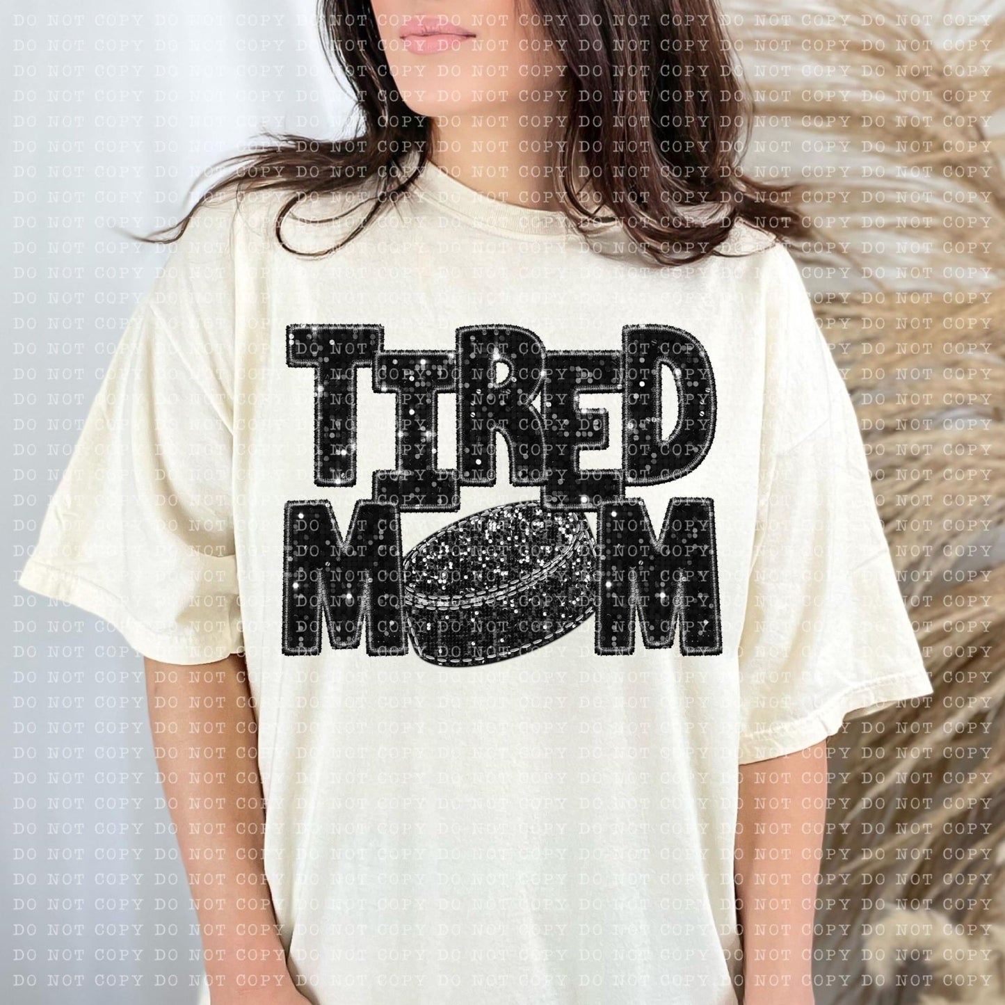 Tired Mom Hockey Faux Embroidery Sequin Blk -DTF