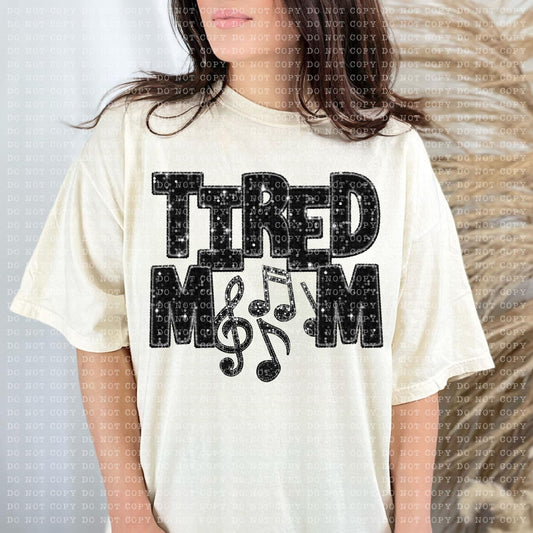 Tired Mom Band Faux Embroidery Sequin Blk -DTF