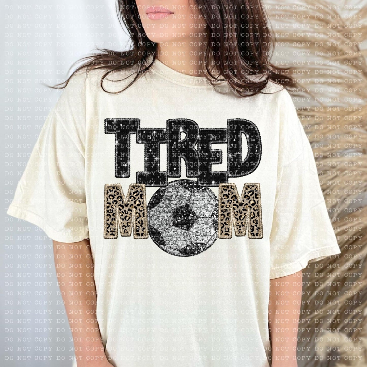 Tired Mom Soccer Faux Embroidery Sequin Leopard -DTF