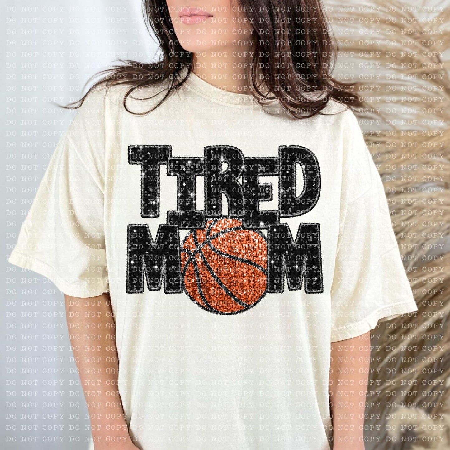 Tired Mom Basketball Faux Embroidery Sequin Blk -DTF