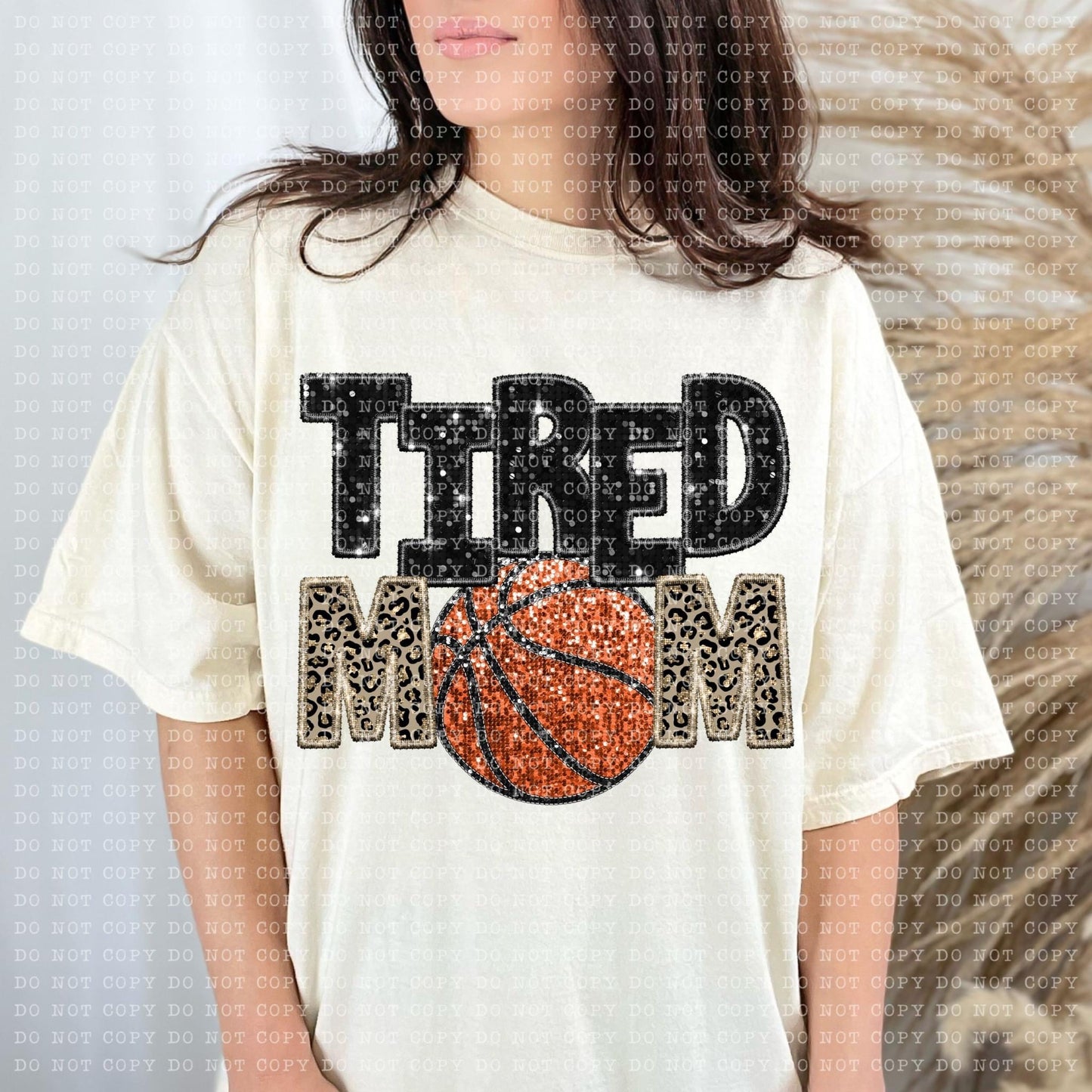 Tired Mom Basketball Faux Embroidery Sequin Leopard -DTF