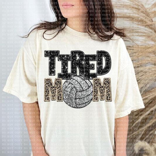 Tired Mom Volleyball Faux Embroidery Sequin Leopard -DTF