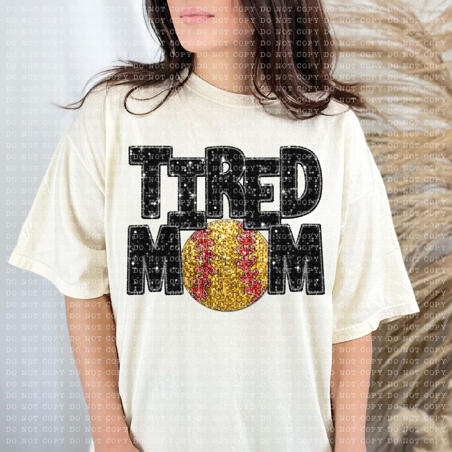 Tired Mom Softball Faux Embroidery Sequin Blk -DTF